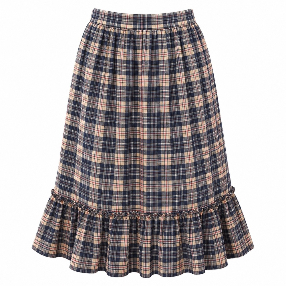 Vintage Sears Jr Bazaar Plaid Midi Skirt Blue Tan Cotton Ruffle Hem 26 Waist